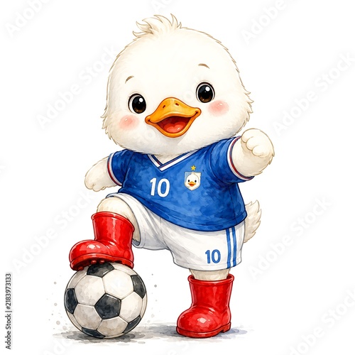 Cute duckling football player wearing jersey number 10 posing with ball, cartoon mascot design