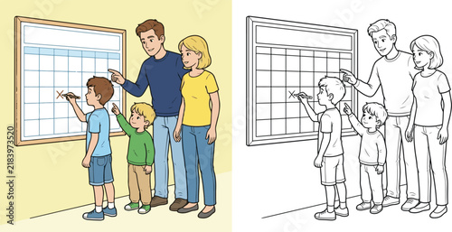 make a family calendar kid boy girl father mother enjoying family time cartoon clipart and lineart print vector illustration for school student children coloring book