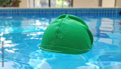 Bright green swimming cap floating on vibrant blue pool water with reflections