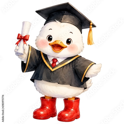 Cute duckling student in academic gown and mortarboard celebrating graduation, cartoon mascot