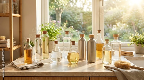Glass bottles with essential oil and herbs on a wooden table near a sunny window in a cozy room. drip safe bottles