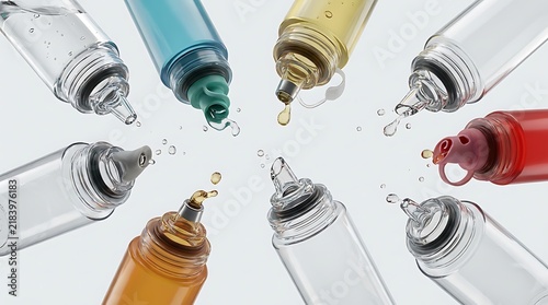 Colorful plastic squeeze bottles with liquid dripping from the nozzles in a circular arrangement. drip safe bottles