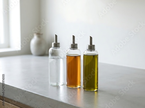 Three glass bottles with oil and vinegar on a kitchen counter in bright daylight. drip safe bottles