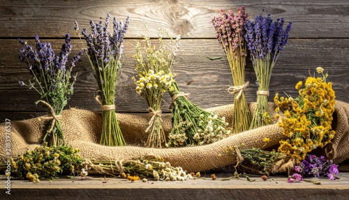 Meticulously Arranged Dried Herb Bundles with Lavender and Chamomile on Rustic Wood
