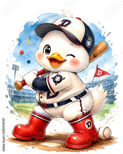 Adorable white duck batter in baseball uniform with bat, cute sports character design