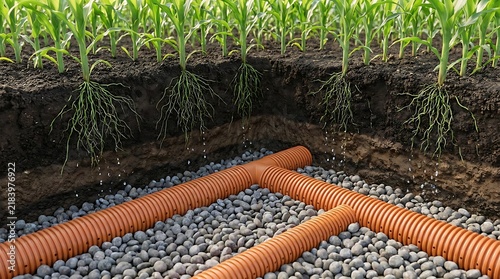 Drainage pipes installed under corn crop roots in dark soil with gravel layer. farm drainage solutions