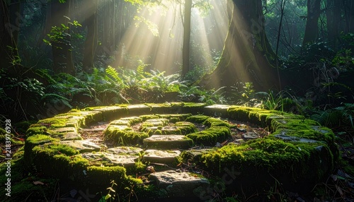 Moss-covered ancient stone spiral pathway bathed in ethereal sun rays within a lush forest