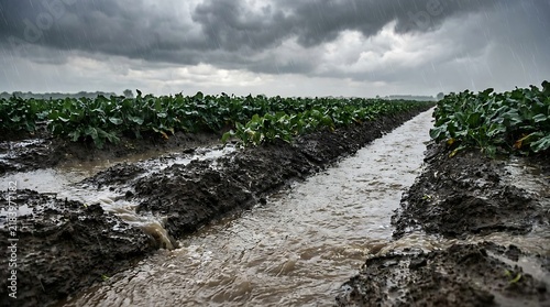 Small water canal flowing through a palm oil plantation under a cloudy and stormy sky. farm drainage solutions