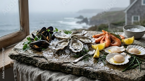 Fresh seafood platter with oysters mussels and shrimp on a stone table by a window with sea view. oceanic food display