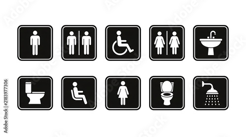 Set of black and white restroom and bathroom navigation sign icons for public building facilities