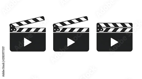 Set of black film clapper board icons with play buttons for video production and cinematography concepts