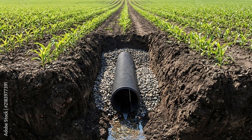 Corrugated drainage pipe installed in a deep trench at a farm field. farm drainage solutions
