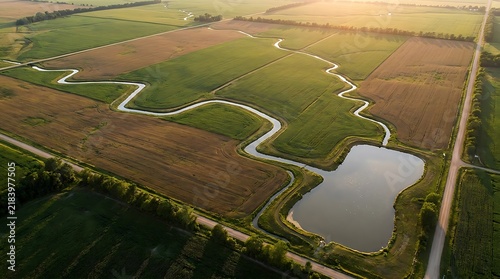 Aerial view of a winding river flowing through a green meadow with a small pond at sunset. farm drainage solutions
