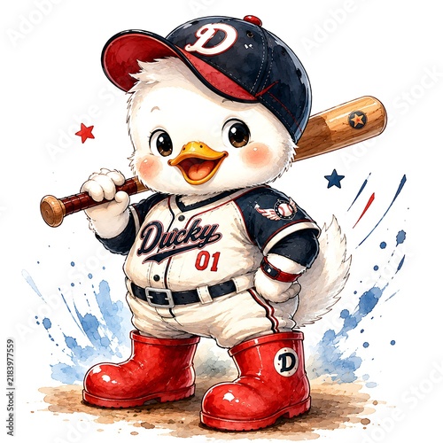 Cute duck baseball batter holding a wooden bat in pinstripe uniform, watercolor illustration