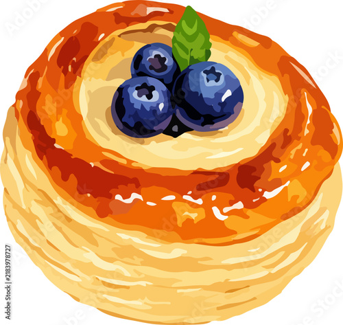 blueberry Danish pastry vector illustration with cream topping and fresh mint leaves isolated on transparent background for food design