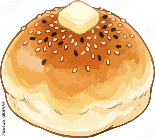 A toasted bun topped with sesame seeds and a pat of butter.
