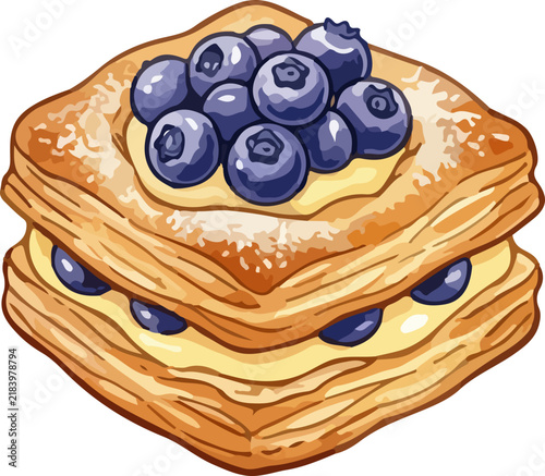 Freshly baked, flaky blueberry danish pastry topped with cream cheese filling and a mound of juicy, whole blueberries. Delicious fruit dessert illustration