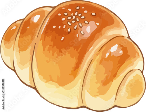 Freshly baked golden brown butter roll croissant with sesame seeds, watercolor style food illustration