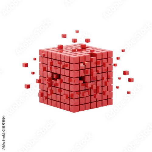 Obraz na płótnie ruby red glossy cubic structure dynamically exploding into smaller cubes against an infinite white studio background, concept of organized complexity