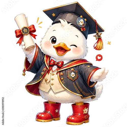 Cute duck graduate wearing graduation cap and holding diploma scroll, watercolor illustration