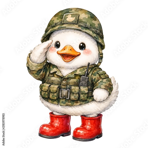 Cute Little Duck Wearing Military Uniform and Helmet Saluting
