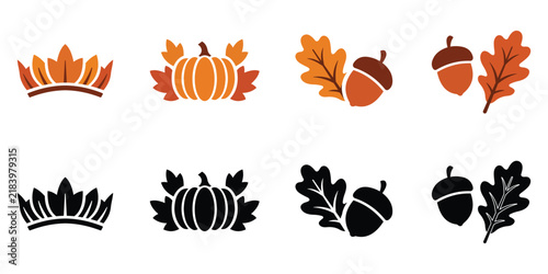 Thanksgiving Autumn Decorative Icons Set, Fall Leaves, Wreath, Pumpkin and Harvest Elements