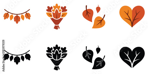 Thanksgiving Autumn Leaf Icons Set, Maple and Oak Leaves, Fall Season Vector Collection