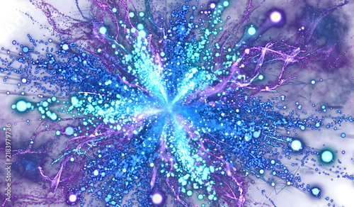 Vibrant blue and purple fractal explosion with glowing particles during a cosmic event isolated on transparent background