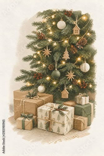 A decorated tree corner with wrapped gifts beneath, lights out of focus, watercolour illustration, muted sage, kraft brown and white Scandinavian