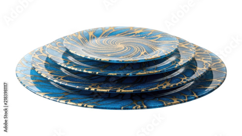 Stack of elegant blue ceramic plates with gold painted patterns for dining table