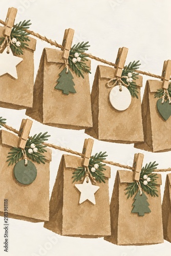 An advent-style row of small numbered kraft bags, watercolour illustration, muted sage, kraft brown and white Scandinavian