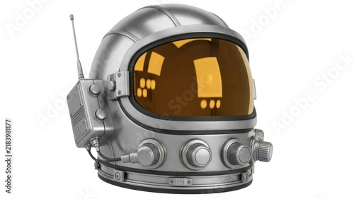 Shiny silver astronaut helmet with a dark orange visor for space exploration