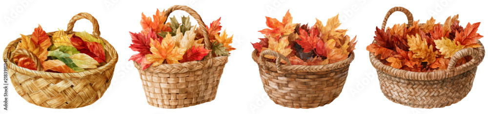 Obraz premium Wicker baskets filling with vibrant autumn maple leaves in various warm hues, celebrating the fall season, harvest time, and nature's changing colors
