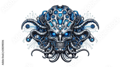 Futuristic robot head with glowing blue digital circuits and mechanical tentacles
