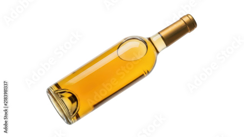A single bottle of golden white wine isolated on a plain surface