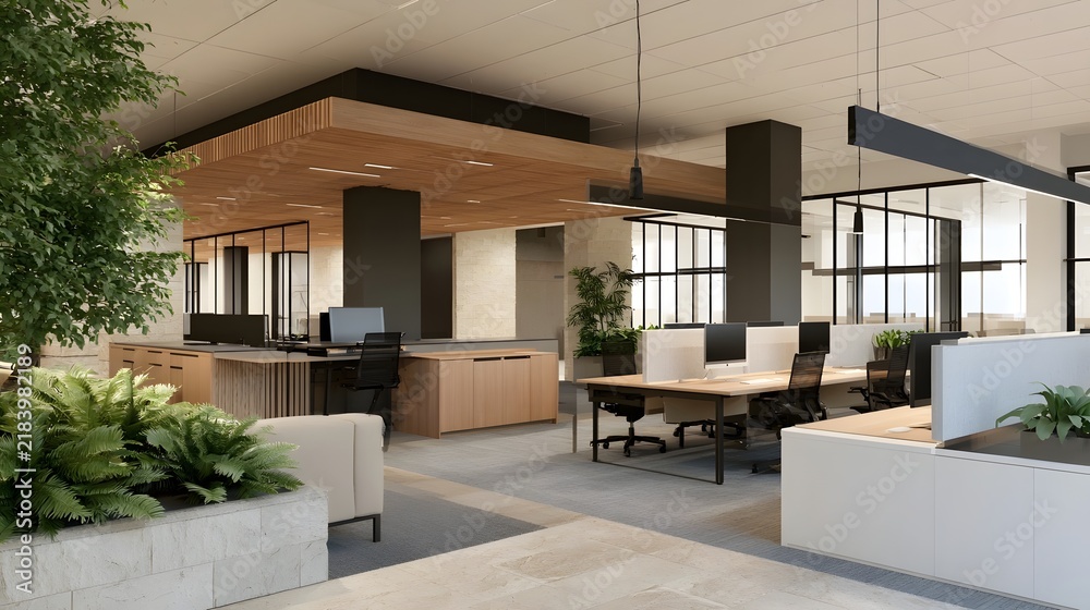 Obraz premium Modern open plan office with wooden accents glass partitions and indoor plants creating a bright functional workspace