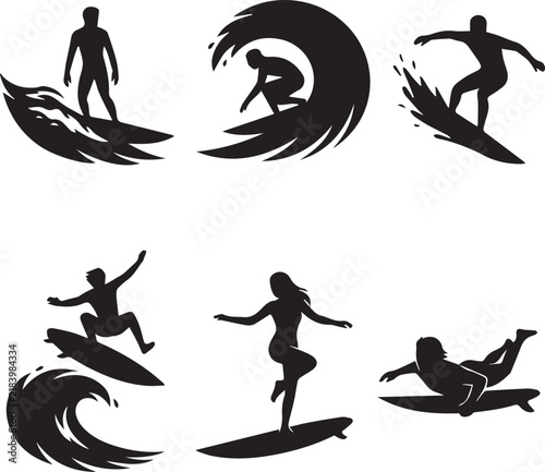 Silhouetted surfers riding ocean waves at sunset for adventure and sport