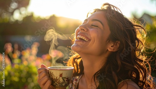 Sun-drenched young woman laughs joyfully while holding a steaming cup of hot beverage outdoors