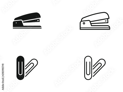 Set of office stationery icons featuring staplers and paper clips for document organization.