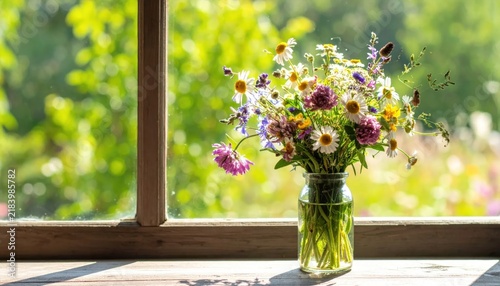 Vibrant wildflower bouquet in glass vase on sunlit window sill with blurred green garden background