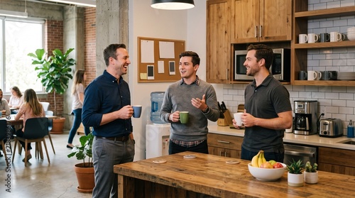 Three men in a modern office kitchen laughing and chatting while holding coffee mugs during a break