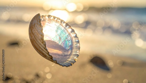A single, perfectly formed seashell with an iridescent interior catches the golden hour sunlight on a sandy beach.