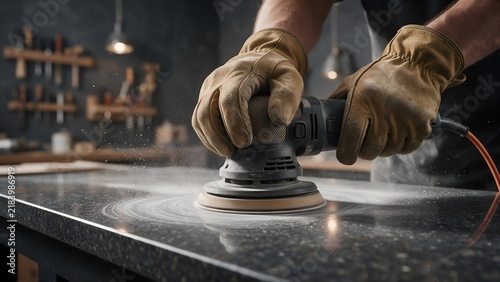 Skilled craftsman wearing protective leather gloves operates an electric orbital sander to smooth a dark stone countertop in a professional workshop during a busy day