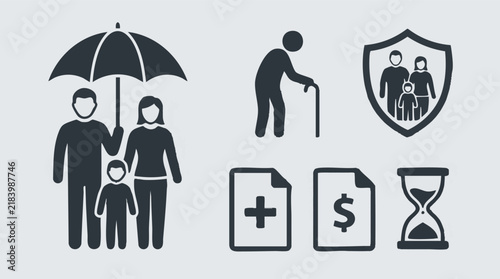 Foto Family and Life Insurance Icons: Protection, Health, Finance, and Retirement