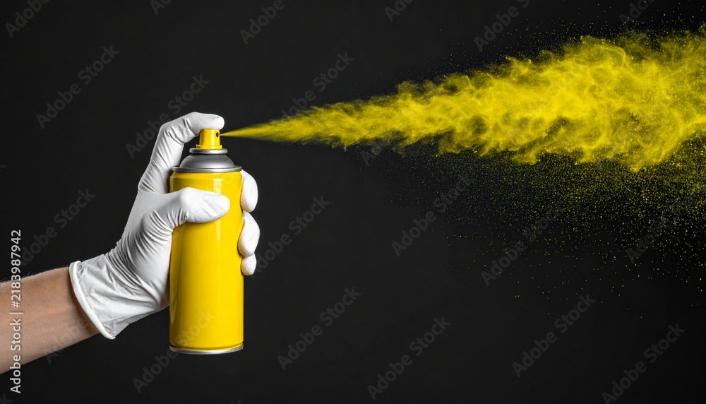 Obraz premium Gloved Hand Spraying Yellow Powder Mist from Aerosol Can on Black Background