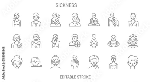 Line Art Illustrations of Various Sickness Symptoms on White Background
