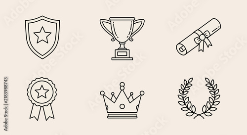 Outline Icons for Achievement Awards Trophies and Academic Honors on Cream Background