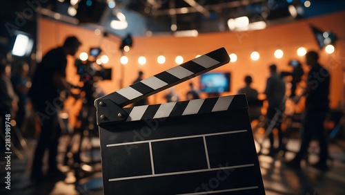 Clapperboard held in foreground for professional video production set with blurred crew members working under bright cinematic lighting inside a busy orange television studio environment