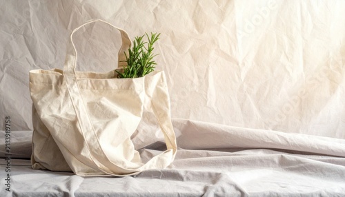 Folded Organic Cotton Tote Bag with Natural Greenery on Textured Beige Background