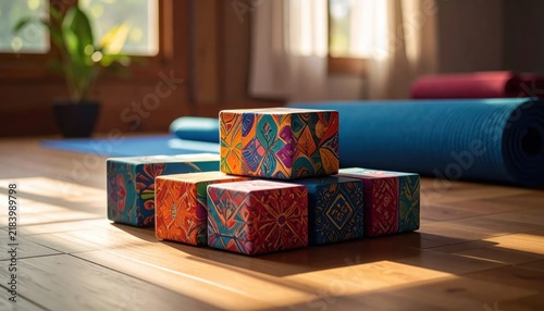 Colorful Patterned Yoga Blocks Arranged on Wooden Surface with Studio Background